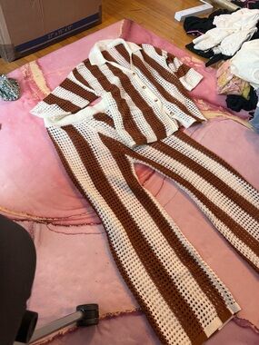 Striped Crochet Pantsuit in Cream and Brown - Women's Pants & Jumpsuits